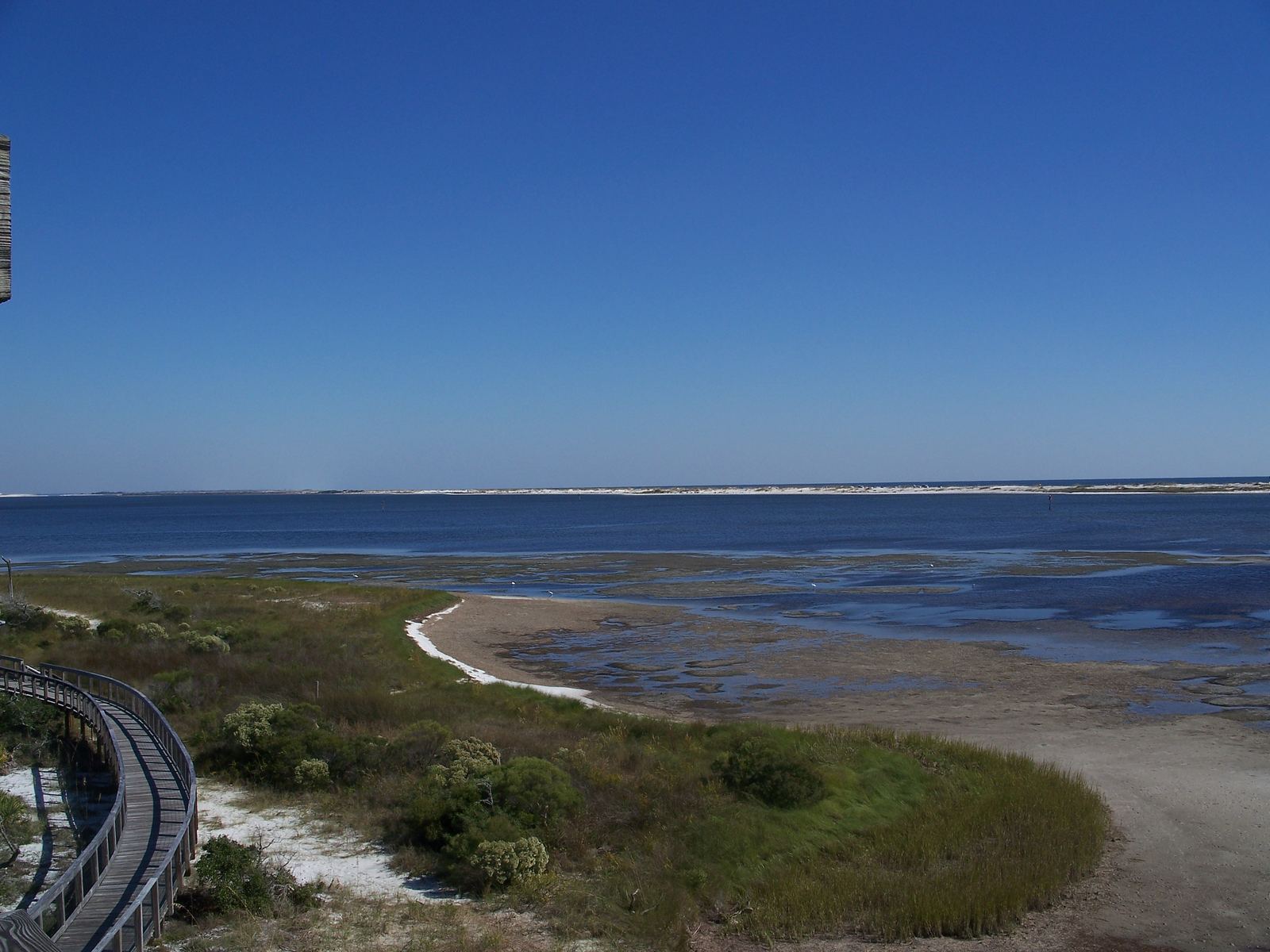Salt marsh, boardwalk and open lagoon water seen from the tower at Big Lagoon State Park