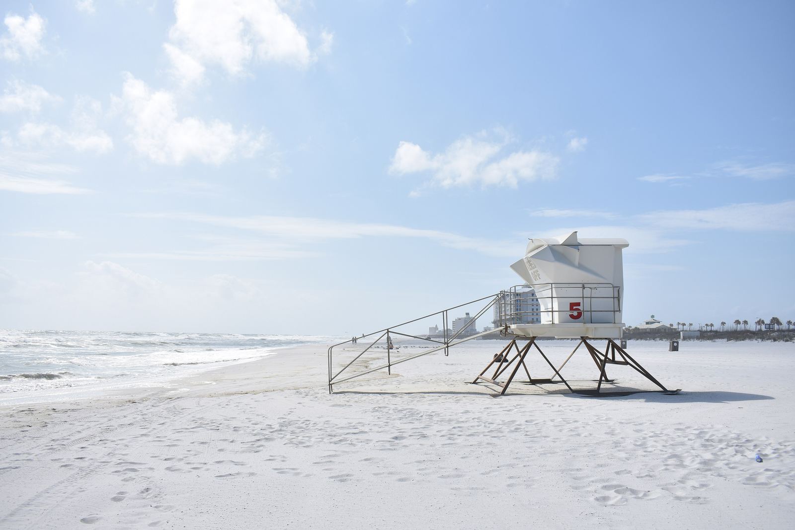 Lifeguard tower on white sand beside the Gulf of Mexico at Pensacola Beach, Florida